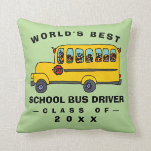 Cute Yellow School Bus Worlds Best Bus Driver Throw Pillow