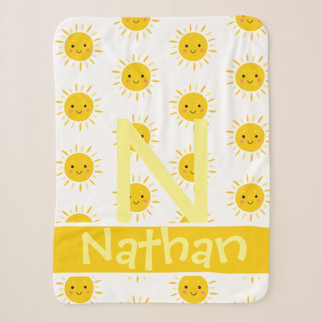 Cute Yellow Smiling Sun Monogram Name  Baby Sherpa Blanket (Front)