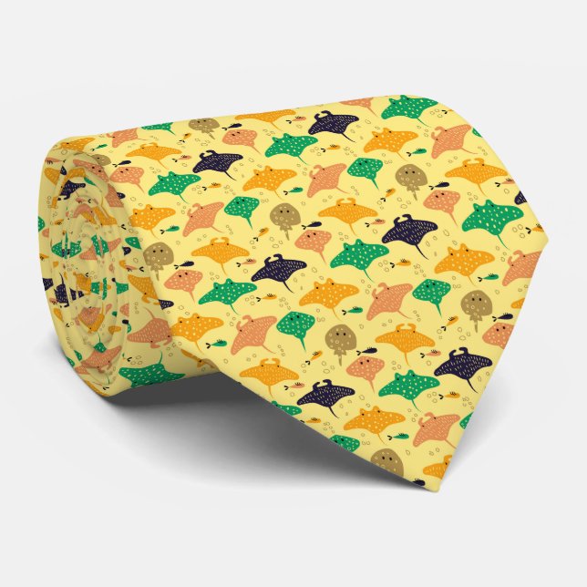 Cute yellow sting ray and manta ray fish pattern tie (Rolled)