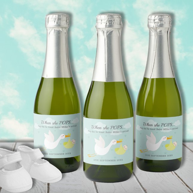 Cute Yellow Stork Bundle Pop It Mini Sparkling Wine Label (Cute yellow stork bundle Pop It personalized mini champagne bottle labels)