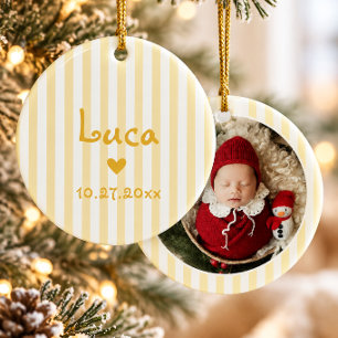 Cute Yellow Stripe Baby Photo First Christmas Ceramic Ornament