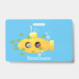 Cute yellow submarine fish cartoon illustration badge