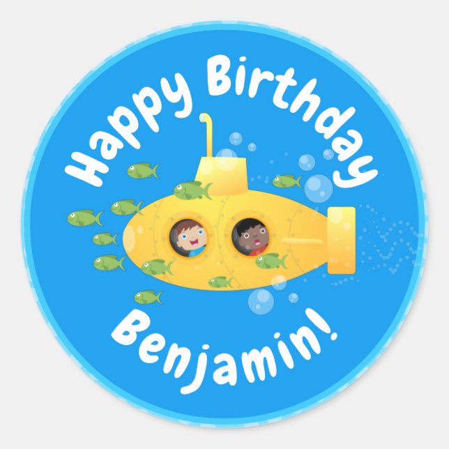 Cute yellow submarine fish cartoon illustration classic round sticker (Front)