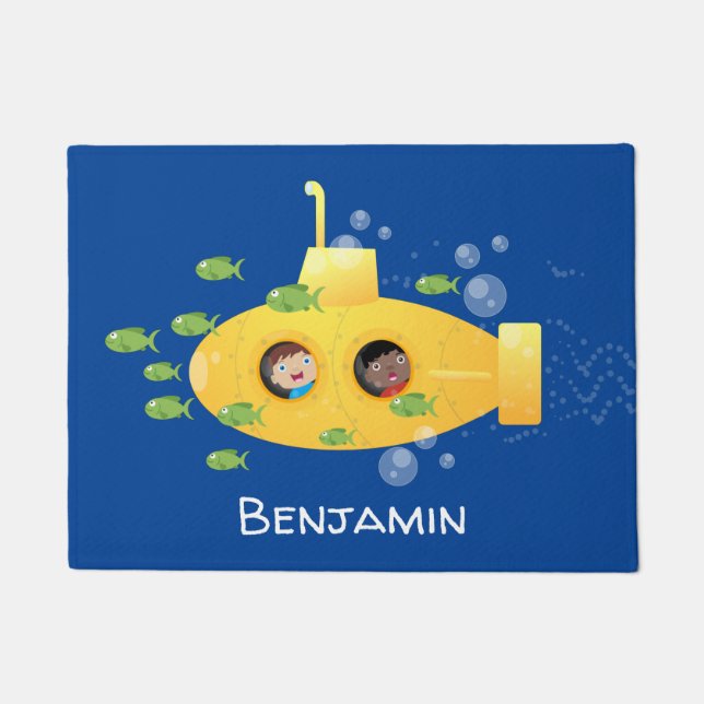 Cute yellow submarine fish cartoon illustration doormat (Front)
