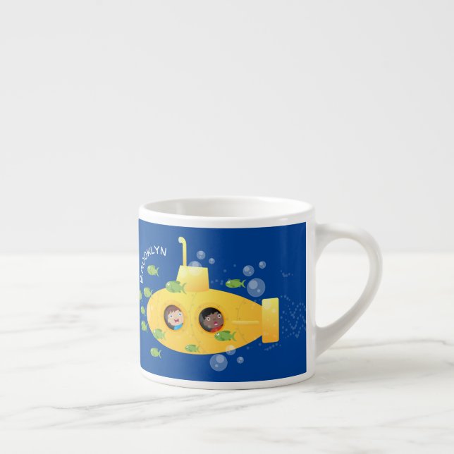 Cute yellow submarine fish cartoon illustration espresso cup (Right)