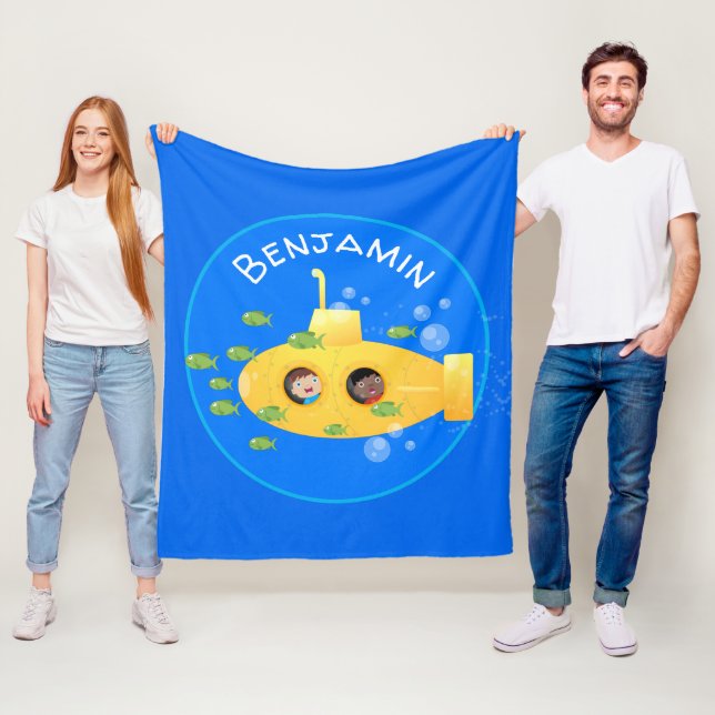 Cute yellow submarine fish cartoon illustration fleece blanket (In Situ)