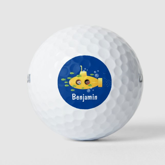 Cute yellow submarine fish cartoon illustration golf balls (Front)