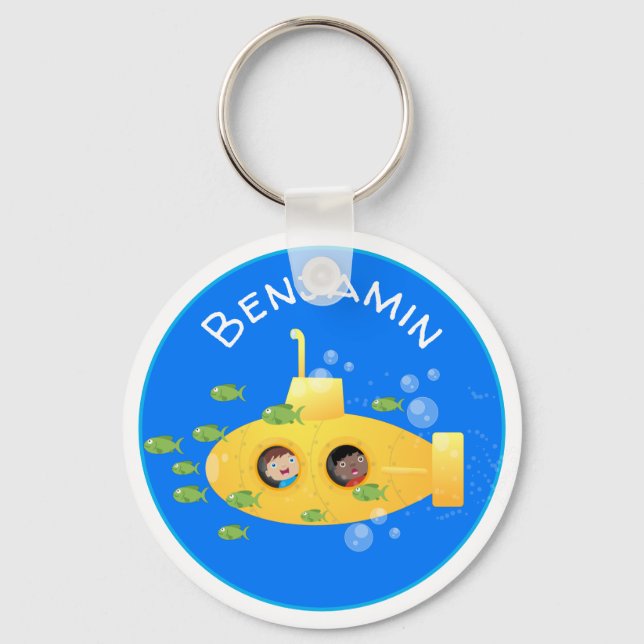 Cute yellow submarine fish cartoon illustration keychain (Front)