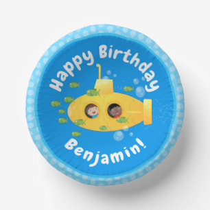 Cute yellow submarine fish cartoon illustration paper plate