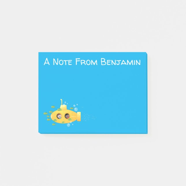 Cute yellow submarine fish cartoon illustration post-it notes (Front)