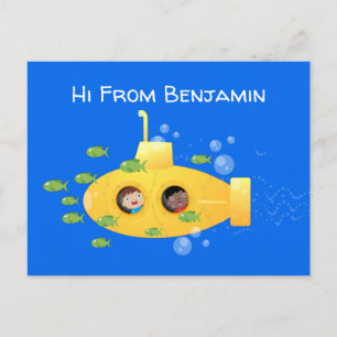 Cute yellow submarine fish cartoon illustration postcard