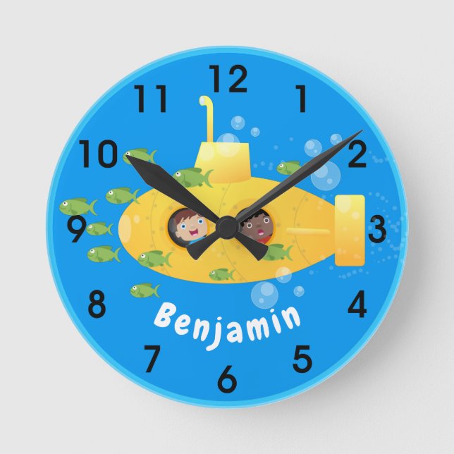 Cute yellow submarine fish cartoon illustration round clock (Front)