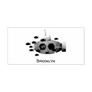 Cute yellow submarine fish cartoon illustration rubber stamp