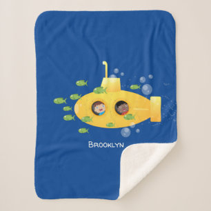 Cute yellow submarine fish cartoon illustration  sherpa blanket
