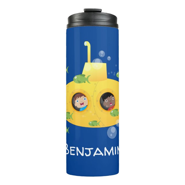 Cute yellow submarine fish cartoon illustration thermal tumbler (Front)