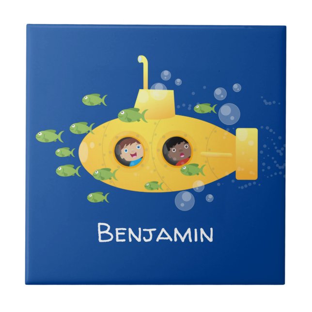 Cute yellow submarine fish cartoon illustration tile (Front)