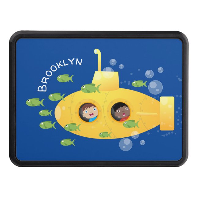Cute yellow submarine fish cartoon illustration trailer hitch cover (Front)