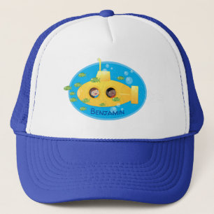 Cute yellow submarine fish cartoon illustration trucker hat