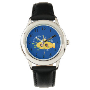 Cute yellow submarine fish cartoon illustration watch