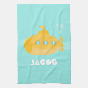 Cute Yellow Submarine, Underwater, For Kids Kitchen Towel