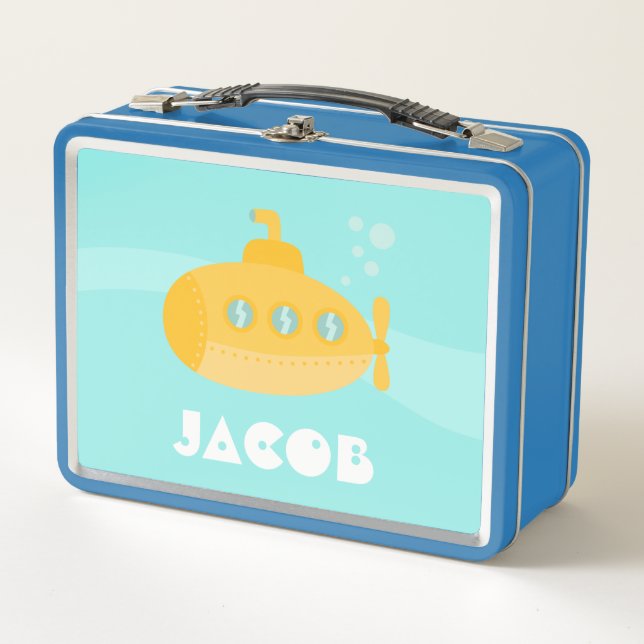 Cute Yellow Submarine Underwater Kids Personalized Metal Lunch Box (Front)