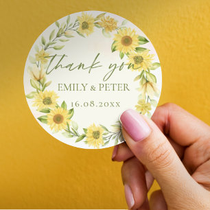 Cute Yellow Sunflower Floral Wedding Thank You Classic Round Sticker