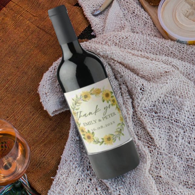 Cute Yellow Sunflower Floral Wedding Thank You Wine Label (Cute Yellow Sunflower Floral Wedding Thank You Wine Label)