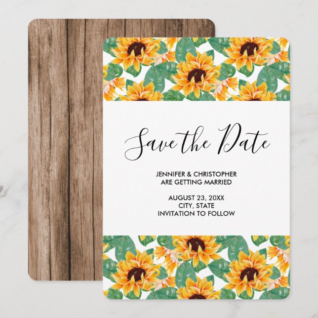 Cute Yellow Sunflower & Leaves Pattern Wedding Save The Date (Front/Back)