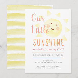 Cute Yellow Sunshine Girl 1st Birthday Party Invitation