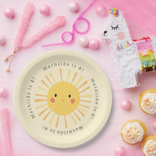 Cute yellow sunshine illustration birthday party paper plate