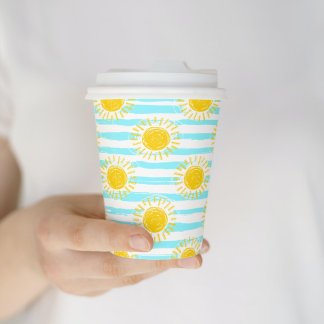 Cute Yellow Sunshine Summer Stripes Blue & White Paper Cups