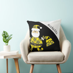 Cute Yellow Tartan Santa With Purse Throw Pillow
