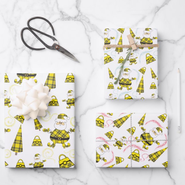 Cute Yellow Tartan Santa With Purse Wrapping Paper Sheet (Front)