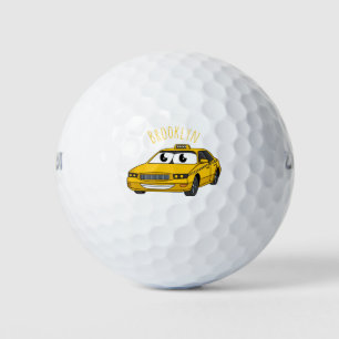 Cute yellow taxi fun cartoon illustration golf balls