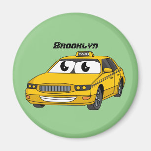 Cute yellow taxi fun cartoon illustration  magnet