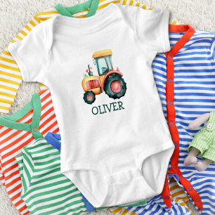 Cute Yellow Tractor Personalized Watercolor Baby Bodysuit