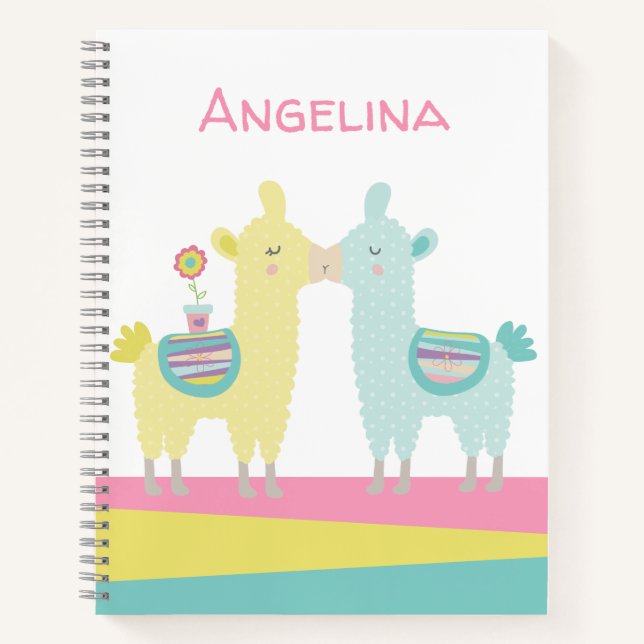 Cute yellow turquoise llamas kiss kawaii school notebook (Front)
