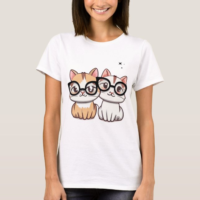 Cute Yellow White Cats Wearing Glasses Black Stars T-Shirt (Front)