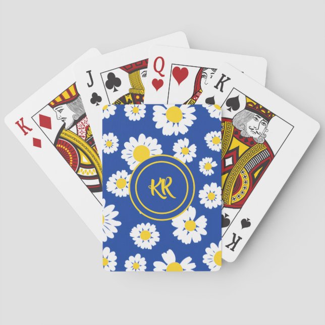Cute Yellow White Daisy Pattern Monogram Playing Cards (Back)