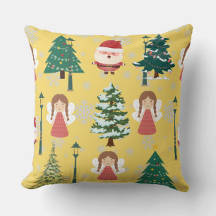 Cute yellow Xmas pattern girly l Santa and trees Throw Pillow