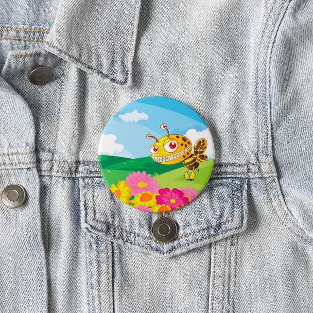  Cute Yet Creepy Monster Bee in a Flower Field  3 Inch Round Button (Creator Uploaded)