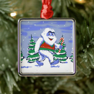 Cute yeti christmas in forest metal ornament
