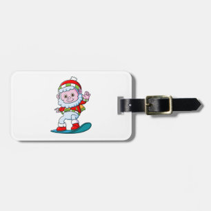 cute yeti wearing santa costume playing snowboard luggage tag