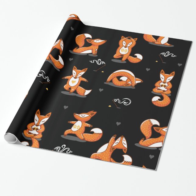 cute yoga foxes funny black wrapping paper (Unrolled)