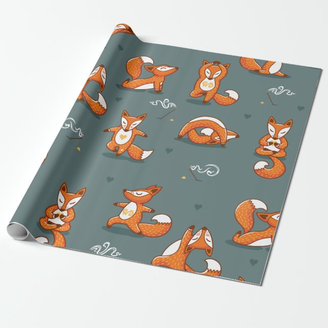 cute yoga foxes funny green wrapping paper (Unrolled)