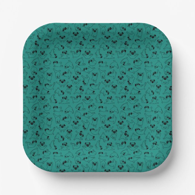 cute yoga pet dog pattern turquoise background paper plate (Front)