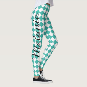 Cute Yoga Teal and White Diamond Pattern Leggings