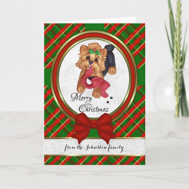 Cute Yorkie Clay Art Merry Christmas Card (Front)