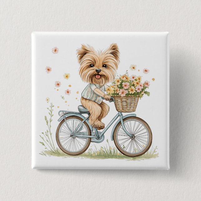 Cute Yorkie Dog Biking Spring Flowers 2 Inch Square Button (Front)