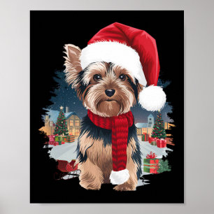 Cute Yorkie Dog Christmas Santa Hat Scarf Winter H Poster